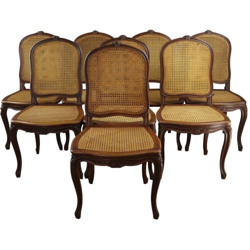 Set of 8 Antique French Louis XV Walnut Dining Chairs with Cane Seats