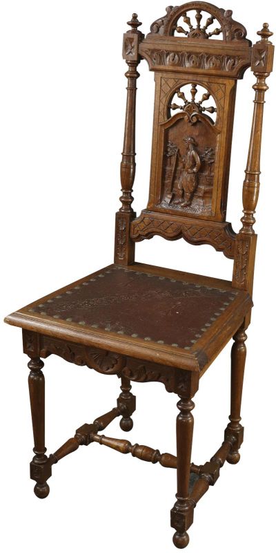 Brittany Dining Chairs Set 6 Antique Carved Oak Folk Figures Brown