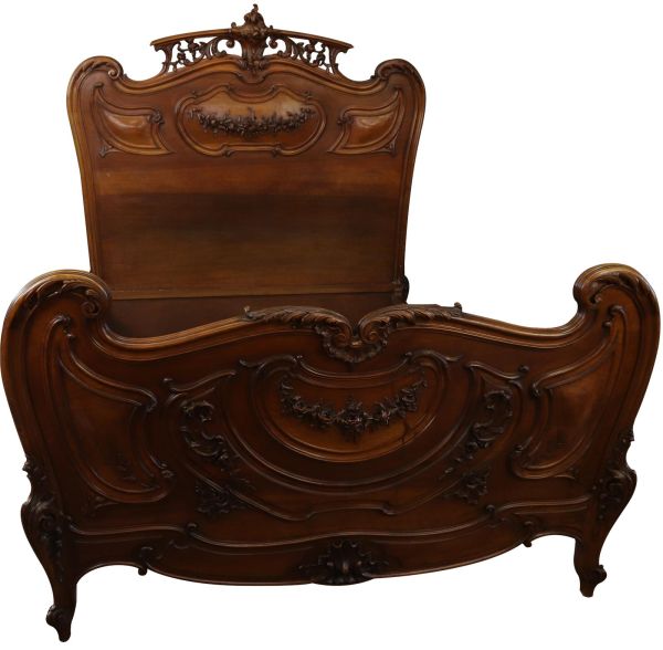 French Antique Carved Walnut Louis XV Full Size Bed & 