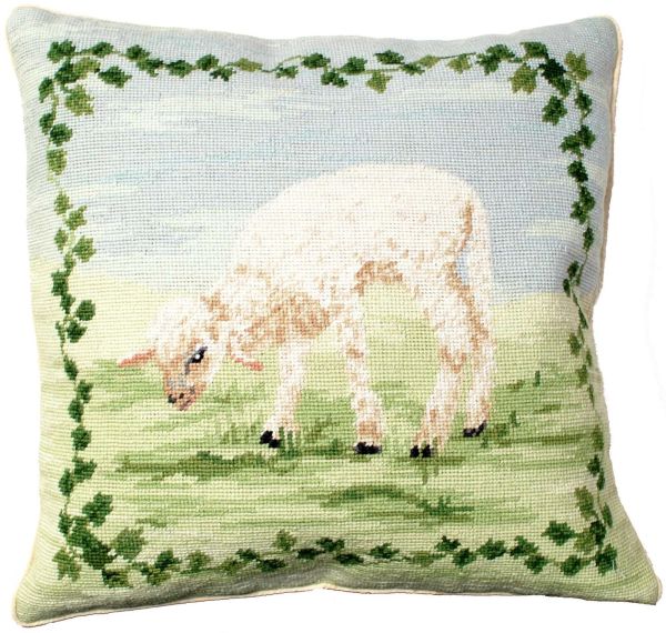 Handmade Needlepoint Lamb Pillow with Wool